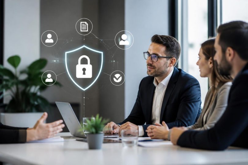 Equipe reunida avaliando conformidade LGPD de fornecedor de marketing digital