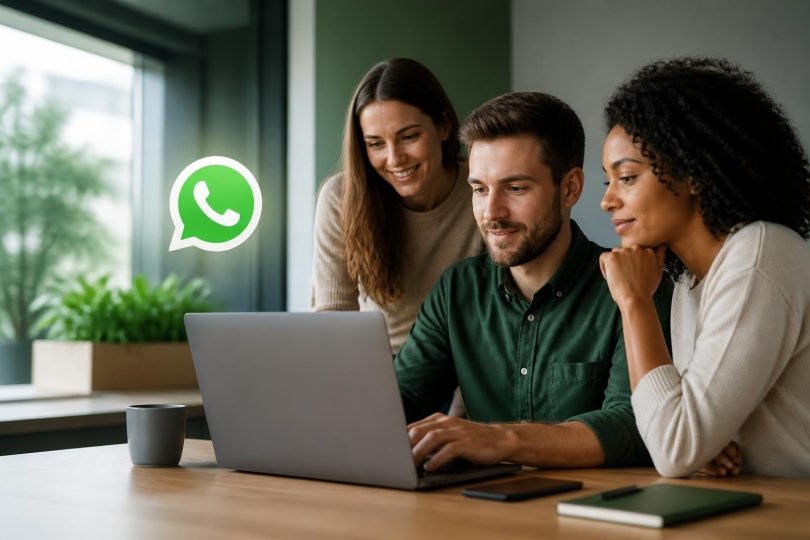 Equipe de marketing criando e revisando templates de mensagens WhatsApp em laptop