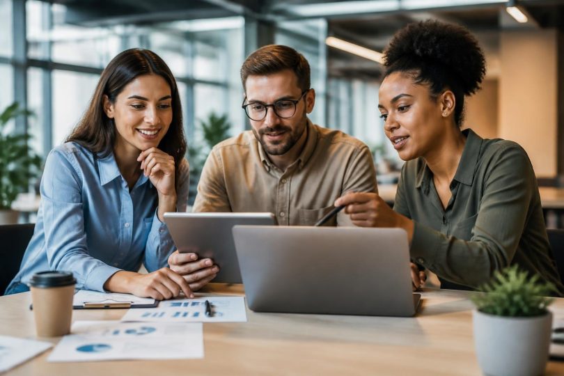 Equipe de marketing analisando relatórios automatizados e insights de IA em laptops e tablet
