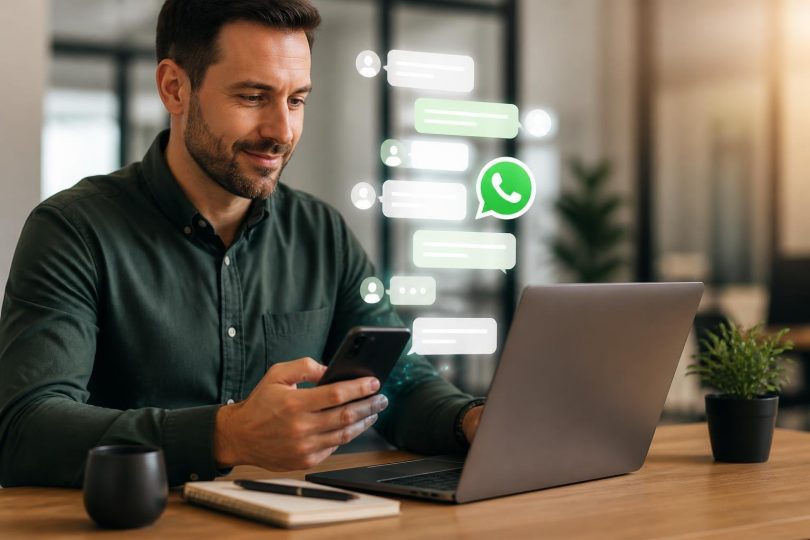 Pessoa usando celular para atendimento via chat ao lado de laptop com gráficos de conversão